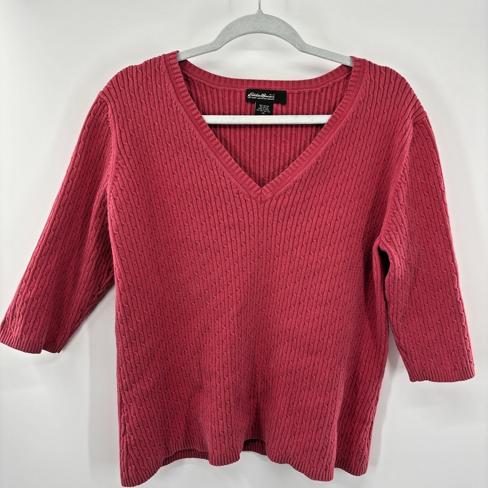 Eddie Bauer Pullover V Neck Sweater Pink Vintage Cable Knit Womens 3/4 XXL